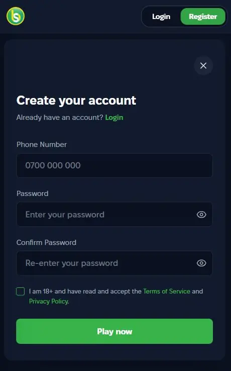 Spurbets Create your account form with phone number, password, confirm password and the 18+ checkbox