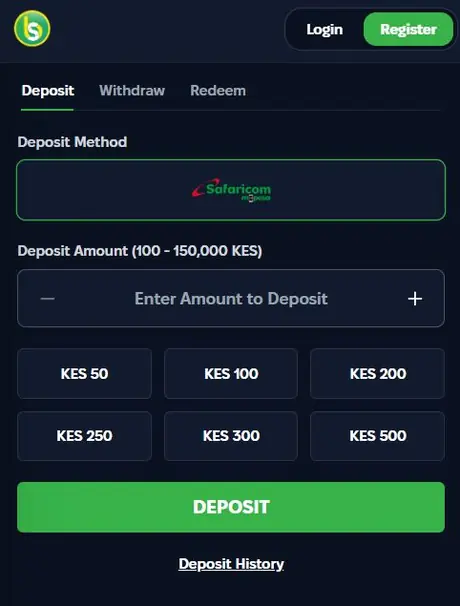 Spurbets Deposit tab with Safaricom M-Pesa selected, amount field and quick tiles from KES 50 to KES 500