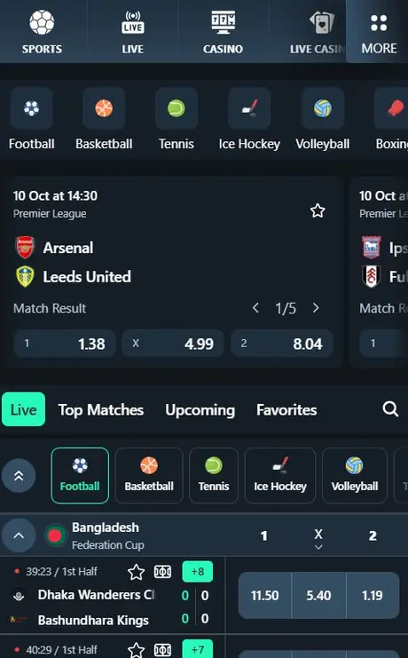 Spurbets sportsbook with Arsenal vs Leeds United and 1X2 odds of 1.38, 4.99 and 8.04