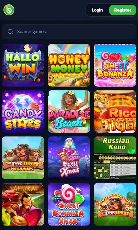 Spurbets slots lobby with Sweet Bonanza, Candy Stars, Paradise Beach and The Dog House Megaways